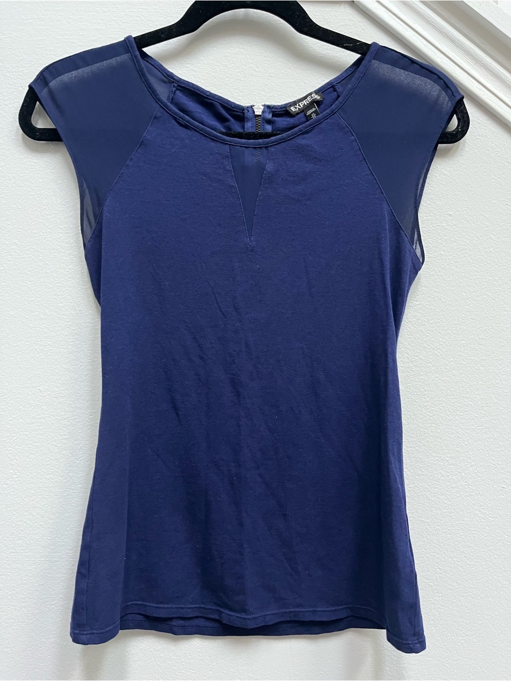 Express Women's Navy Mesh Cap-Sleeve Top